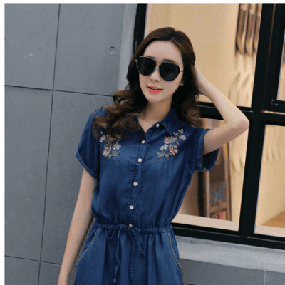 ĐẦM JEAN CỔ SƠ MI VAI THÊU HOA THỜI TRANG - NJ944